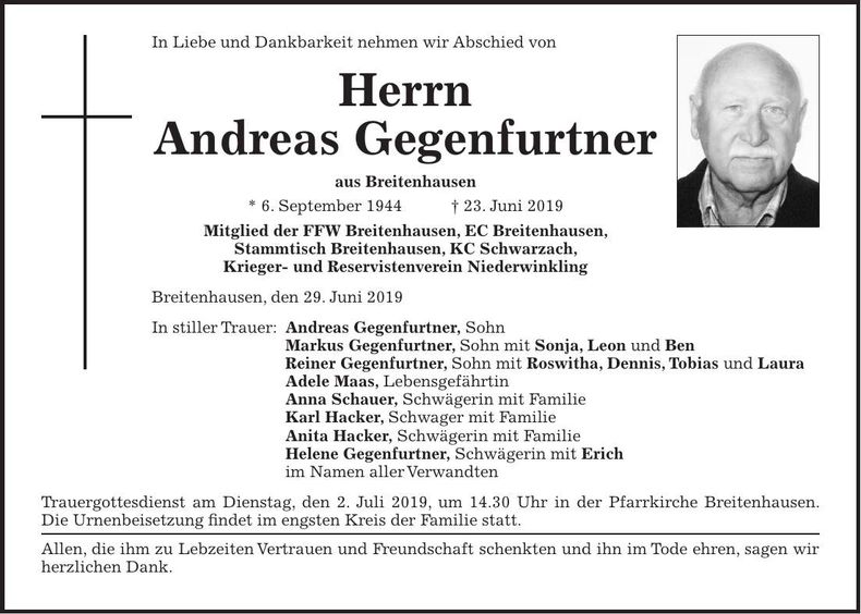 Traueranzeige Andreas Gegenfurtner