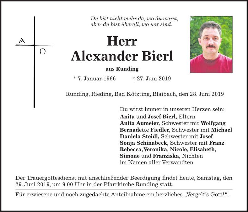 Traueranzeige Alexander Bierl
