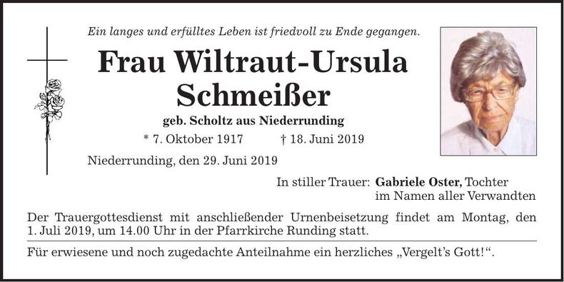 Traueranzeige Wiltraut-Ursula Schmeißer