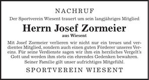 Traueranzeige Josef Zormeier