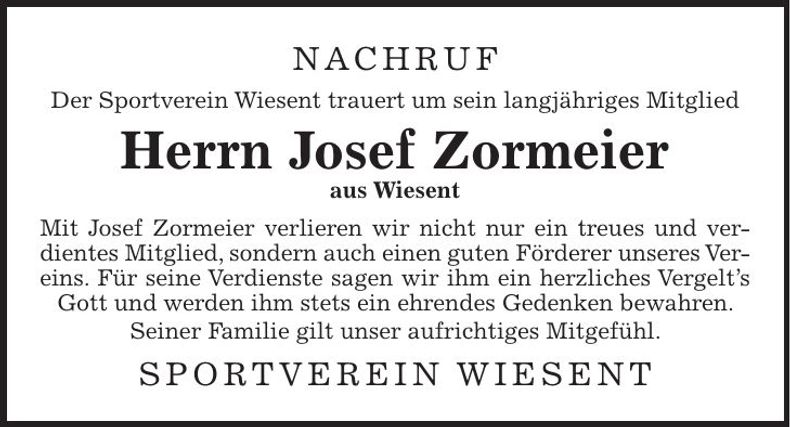 Traueranzeige Josef Zormeier