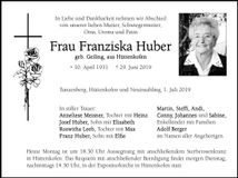 Traueranzeige Franziska Huber
