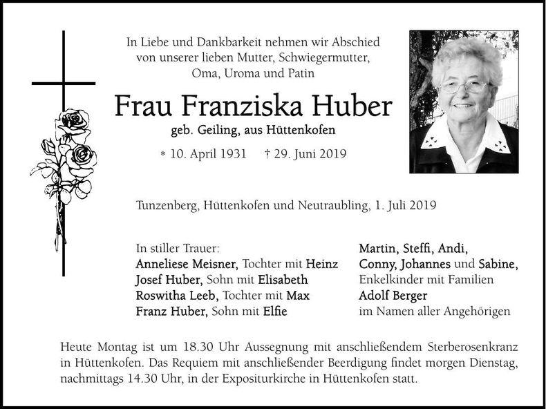 Traueranzeige Franziska Huber