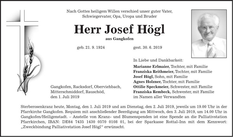 Traueranzeige Josef Högl