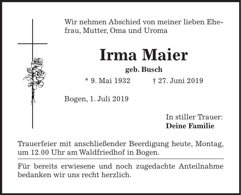 Traueranzeige Irma Maier