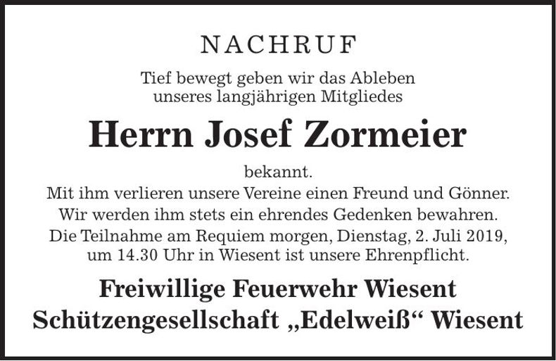 Traueranzeige Josef Zormeier