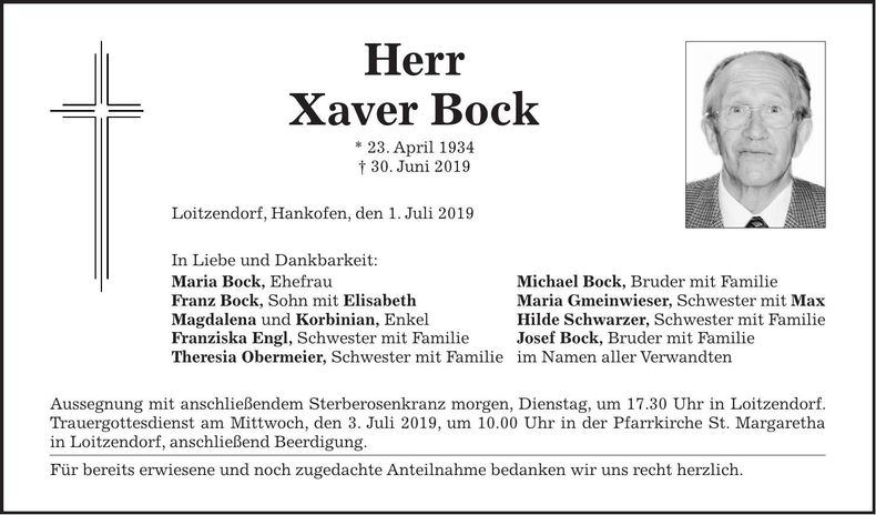 Traueranzeige Xaver Bock