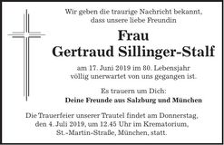 Traueranzeige Gertraud Sillinger-Stalf