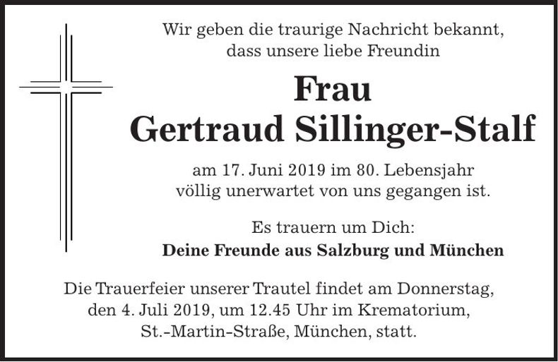 Traueranzeige Gertraud Sillinger-Stalf