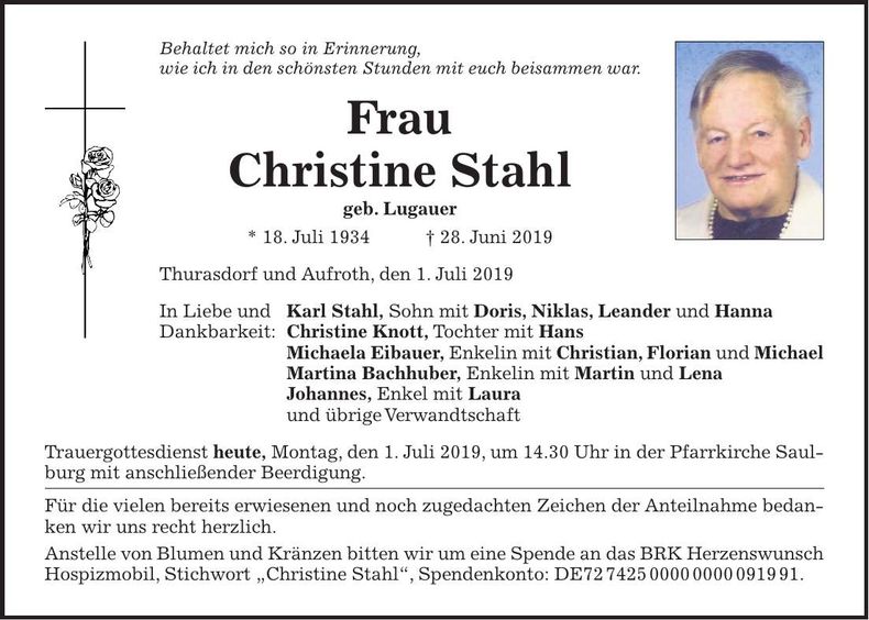 Traueranzeige Christine Stahl