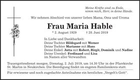 Traueranzeige Maria Habel