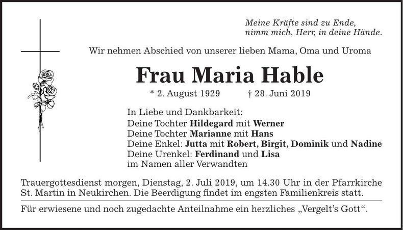 Traueranzeige Maria Habel