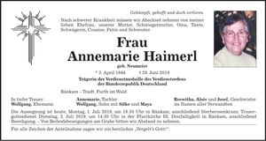 Traueranzeige Annemarie Haimerl