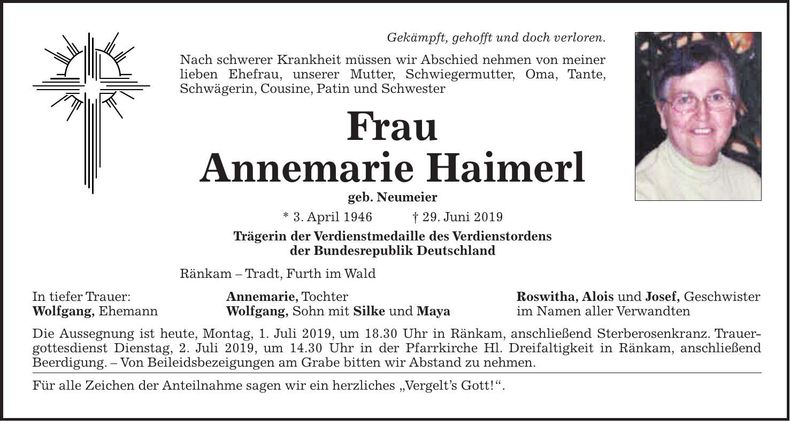 Traueranzeige Annemarie Haimerl