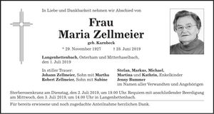 Traueranzeige Maria Zellmeier