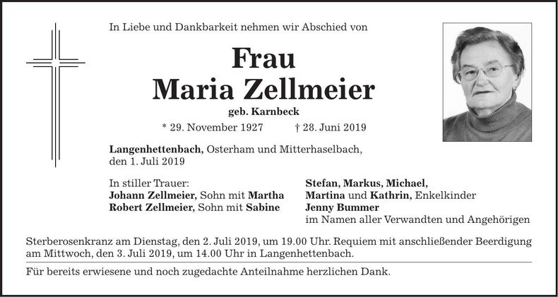 Traueranzeige Maria Zellmeier