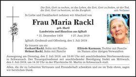Traueranzeige Maria Rackl
