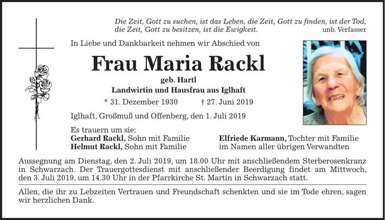 Traueranzeige Maria Rackl