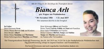 Traueranzeige Bianca Arlt
