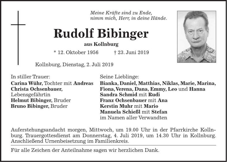 Traueranzeige Bibinger Rudolf