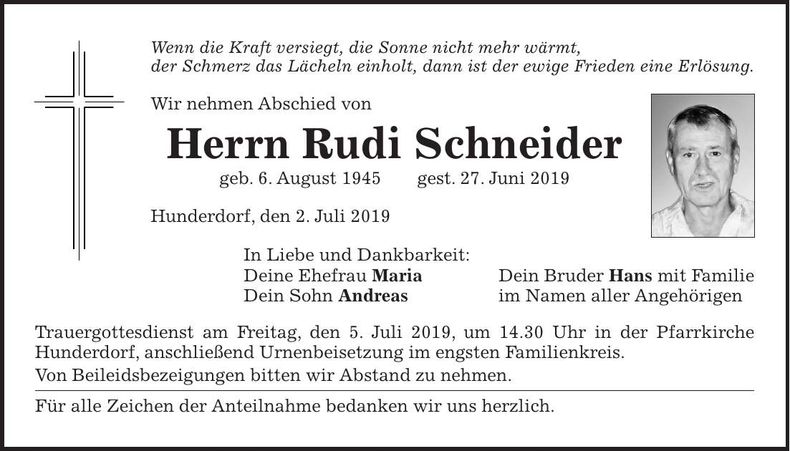 Traueranzeige Rudi Schneider
