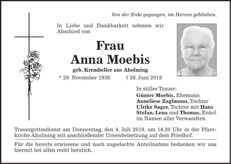 Traueranzeige Anna Moebis