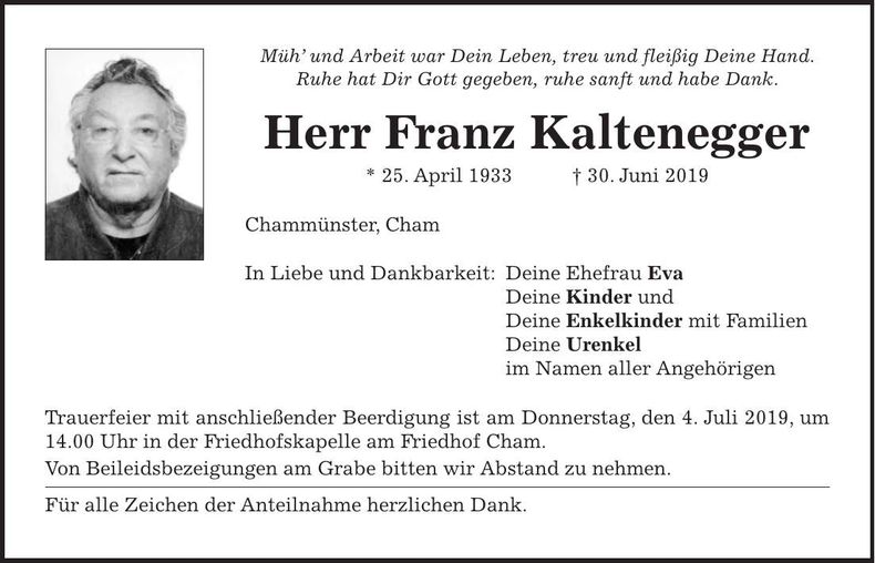 Traueranzeige Franz Kaltenegger