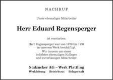 Traueranzeige Eduard Regensperger