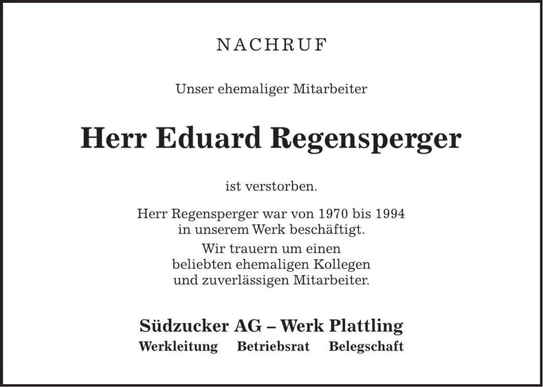 Traueranzeige Eduard Regensperger