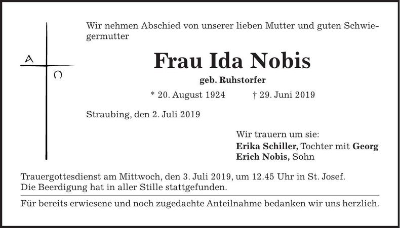 Traueranzeige Ida Nobis