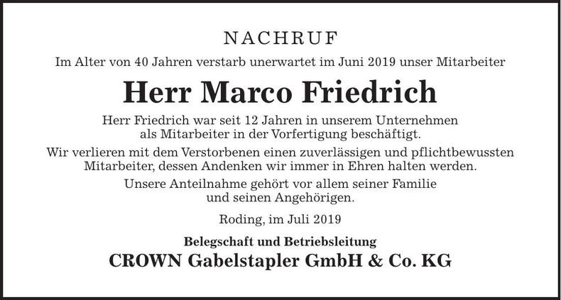Traueranzeige Marco Friedrich