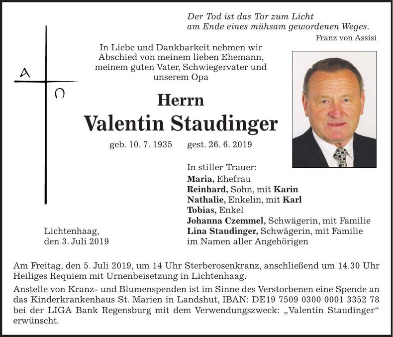 Traueranzeige Valentin Staudinger