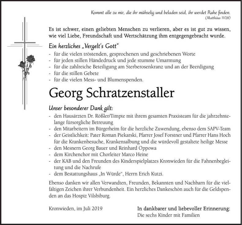Traueranzeige Georg Schratzenstaller