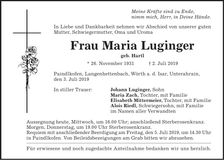 Traueranzeige Maria Luginger