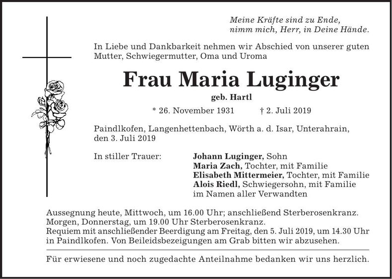 Traueranzeige Maria Luginger