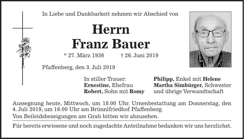 Traueranzeige Franz Bauer
