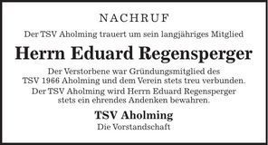 Traueranzeige Eduard Regensperger