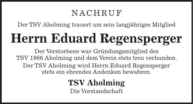 Traueranzeige Eduard Regensperger