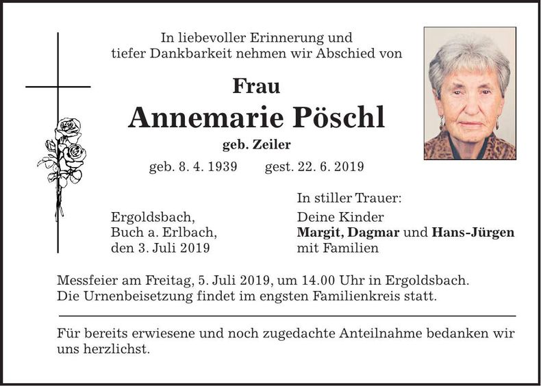 Traueranzeige Annemarie Pöschl