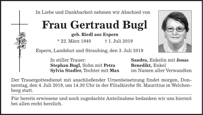 Traueranzeige Gertraud Bugl