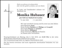 Traueranzeige Monika Hubauer