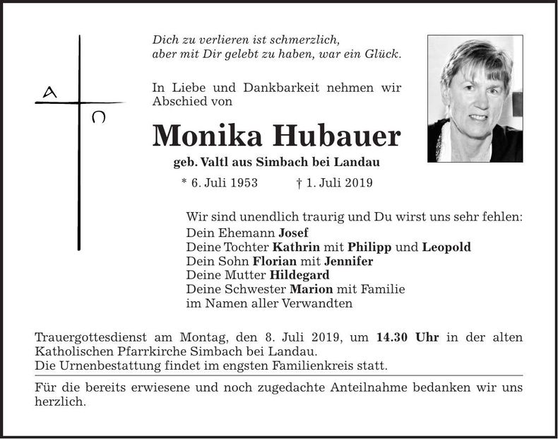 Traueranzeige Monika Hubauer