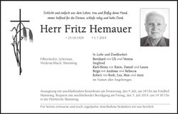 Traueranzeige Fritz Hemauer