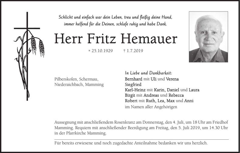 Traueranzeige Fritz Hemauer