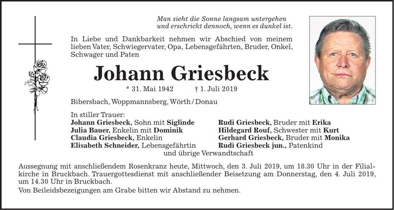 Traueranzeige Johann Griesbeck