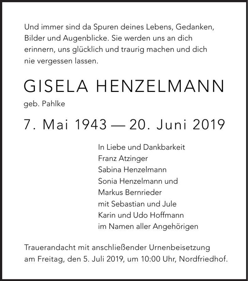 Traueranzeige Gisela Henzelmann