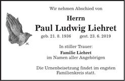Traueranzeige Paul Ludwig Liehret