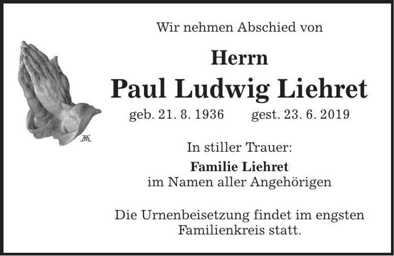 Traueranzeige Paul Ludwig Liehret