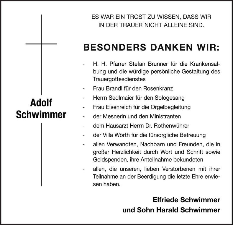 Traueranzeige Adolf Schwimmer