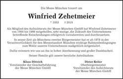 Traueranzeige Winfried Zehetmeier